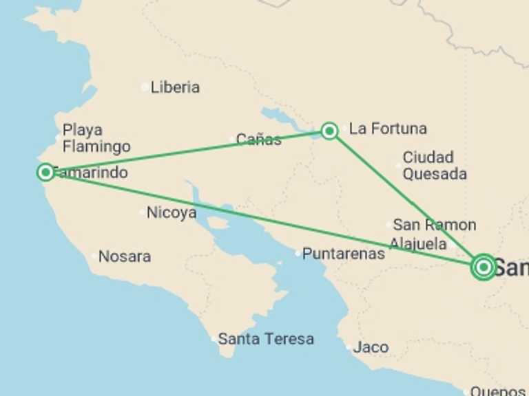 Map of Central America Tour with 3 destination visits for the trip: Fantasy On Beaches And Volcanoes, Self-drive
