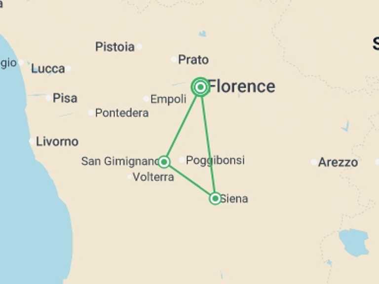 Map itinerary of Mediterranean Tour in August 2026 with 1 destination visits for the trip: Fantastic Florence (3 Star) - 4 days