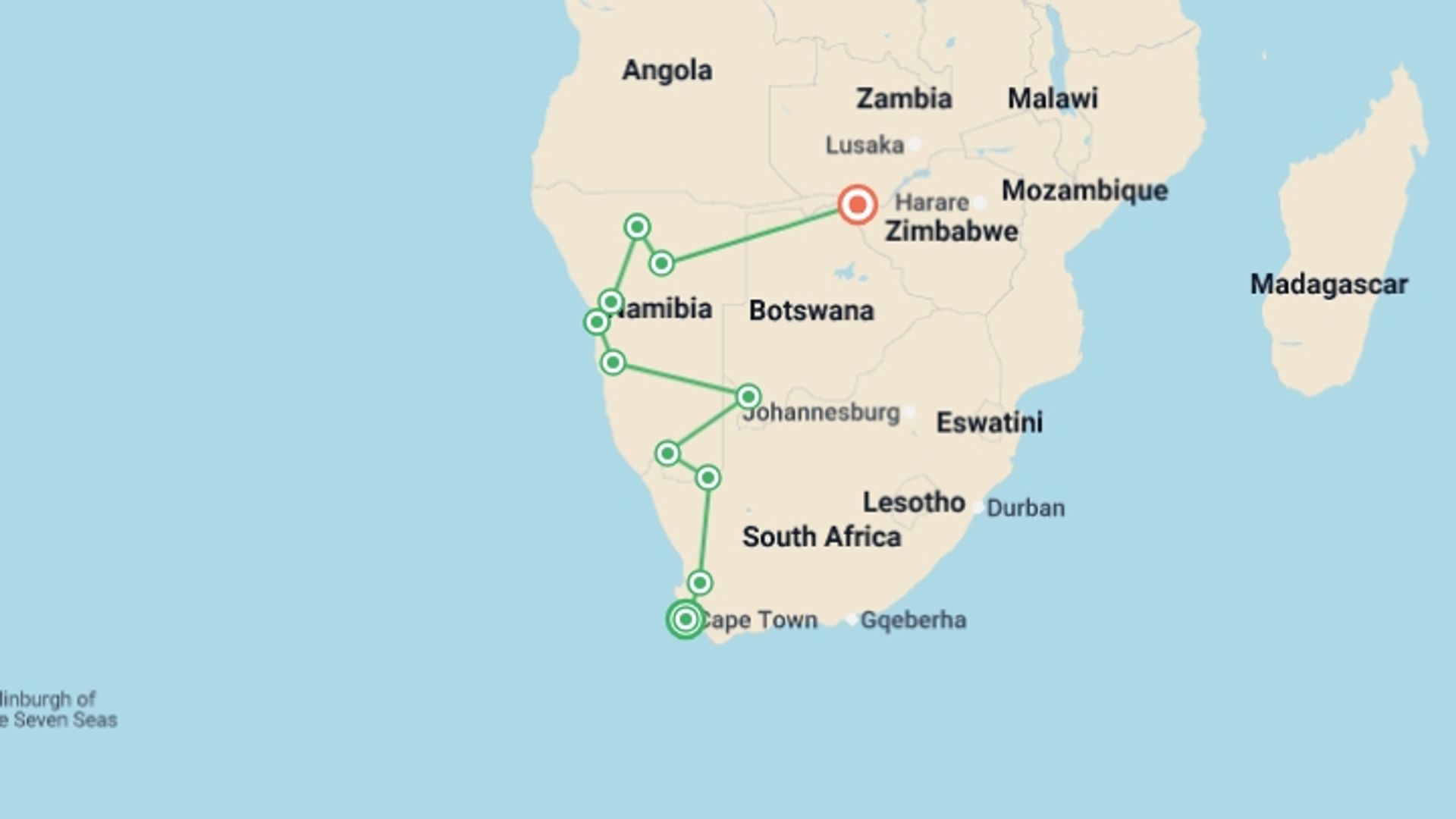 A map showing the tour itinerary for the trip: Cape Town, Kruger, & Victoria Falls Wildlife Safari, starting in Cape Town, South Africa and ending in Victoria Falls, Zimbabwe going through 9 other destinations.