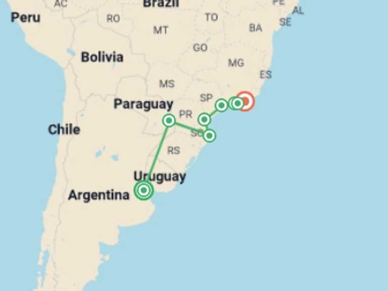 Map of Sao Paulo Tour with 8 destination visits for the trip: Buenos Aires to Rio de Janeiro (via Iguazu & Florianopolis) Travel Pass