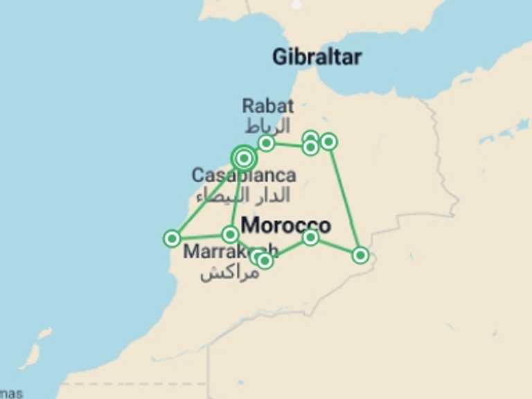 Map of Egypt and Morocco Tour with 8 destination visits for the trip: Casablanca to Essaouira - 13 days