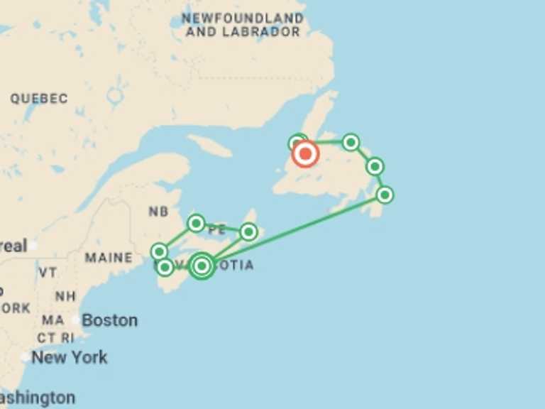 Map of Halifax Tour with 11 destination visits for the trip: Eastern Canada: Highlights of the Maritimes & Newfoundland