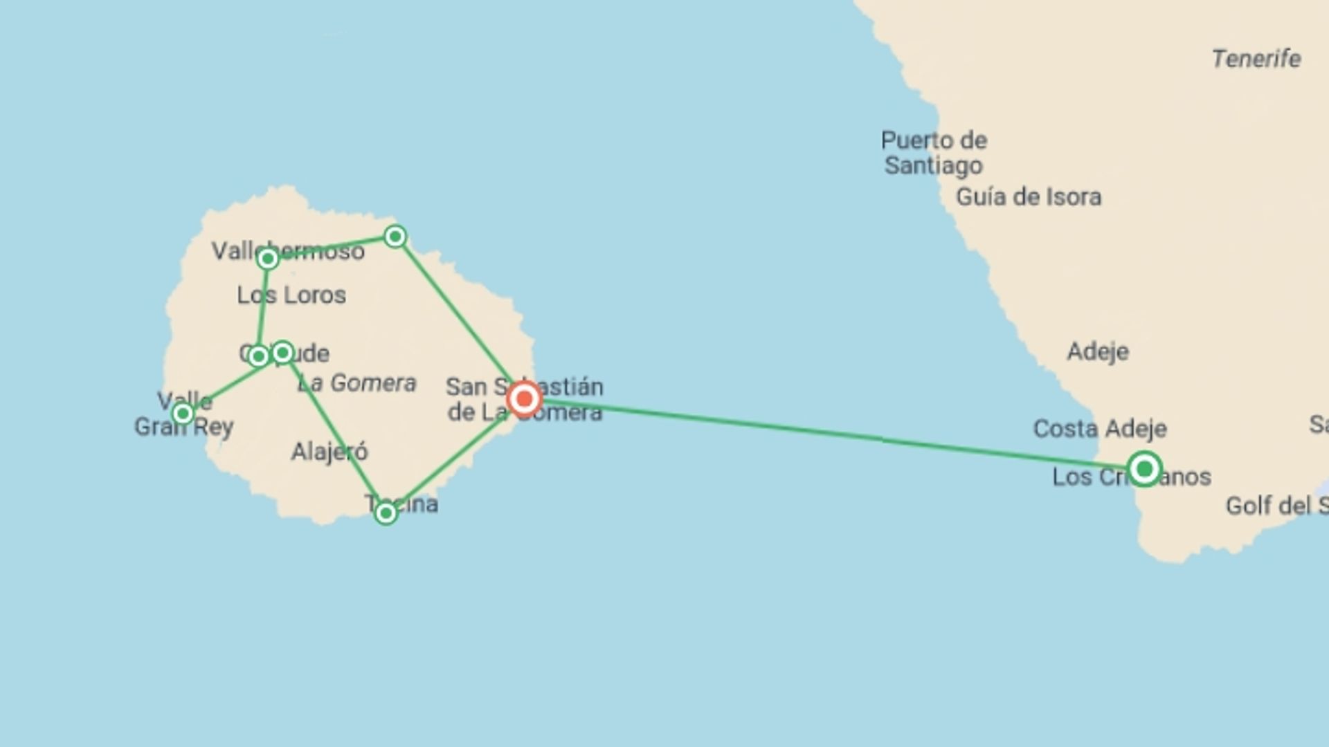 A map showing the tour itinerary for the trip: Exploring La Gomera - 8 Days, starting in Los Cristianos , Tenerife, Spain and ending in San Sebastián de La Gomera, Spain going through 6 other destinations.