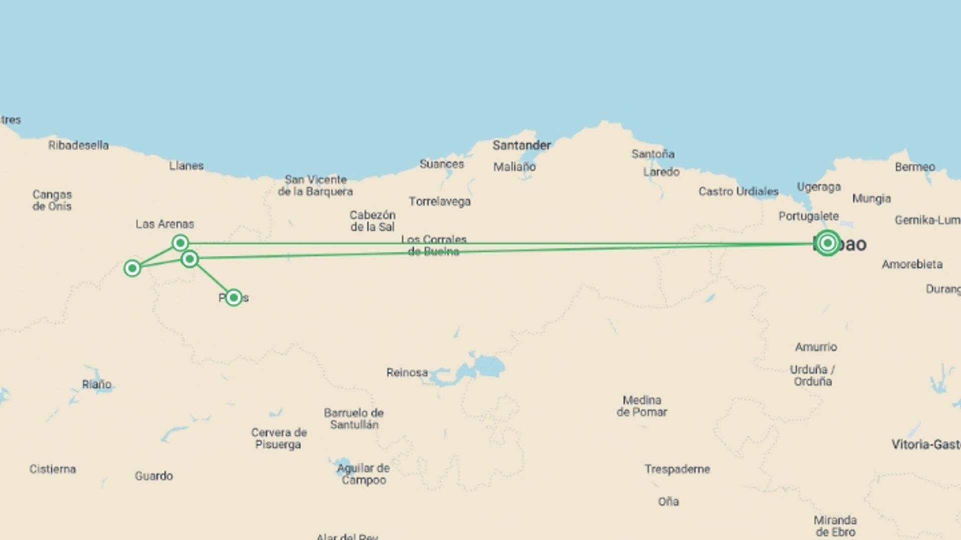 A map showing the tour itinerary for the trip: Trekking in Spain - Picos de Europa, starting in Bilbao, Spain and ending in Bilbao, Spain going through 6 other destinations.