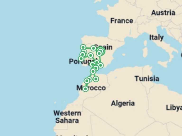Map itinerary of Lisbon Tour in January 2027 with 11 destination visits for the trip: Wonders of Portugal Spain and Morocco