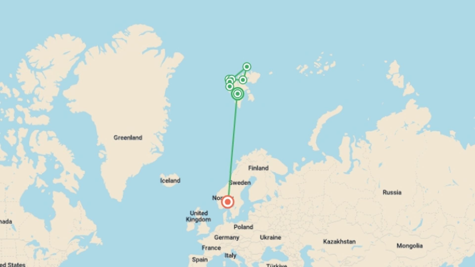 A map showing the tour itinerary for the trip: Svalbard- Last Stop before the North Pole, starting in Longyearbyen, Norway and ending in Oslo, Norway going through 3 other destinations.