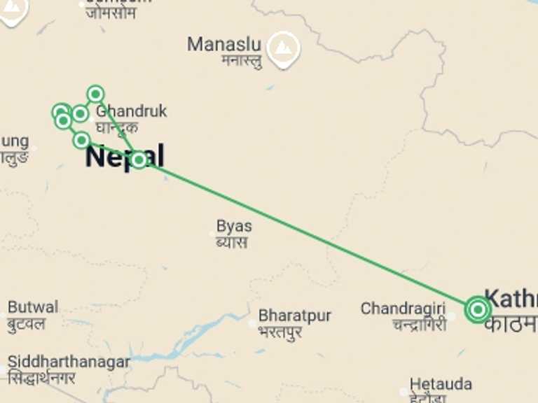 Map itinerary of Nepal Tour in Winter with 6 destination visits for the trip: Annapurna Trek in Comfort
