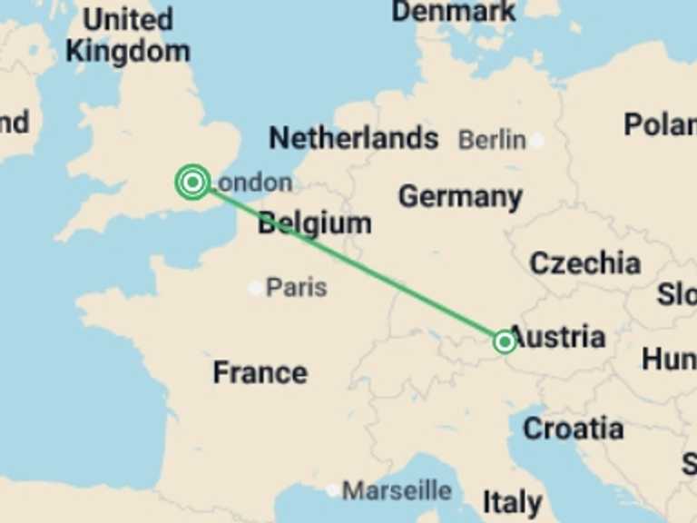 Map itinerary of London Tour in January 2026 with 2 destination visits for the trip: Ski Austria: 2 Weeks