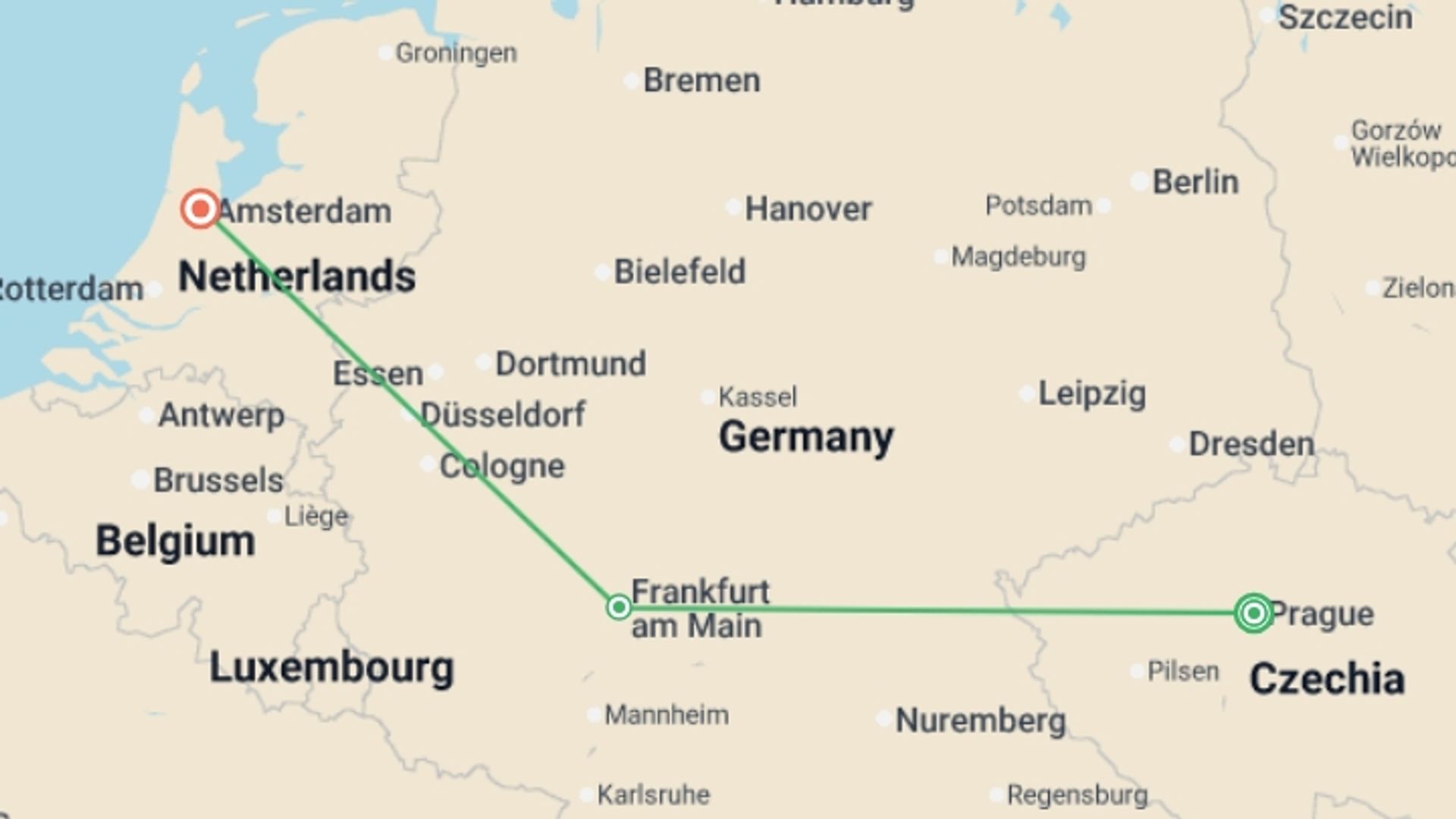 A map showing the tour itinerary for the trip: Beloved Europe, starting in Prague, Czech Republic and ending in Amsterdam, Holland going through 1 other destinations.