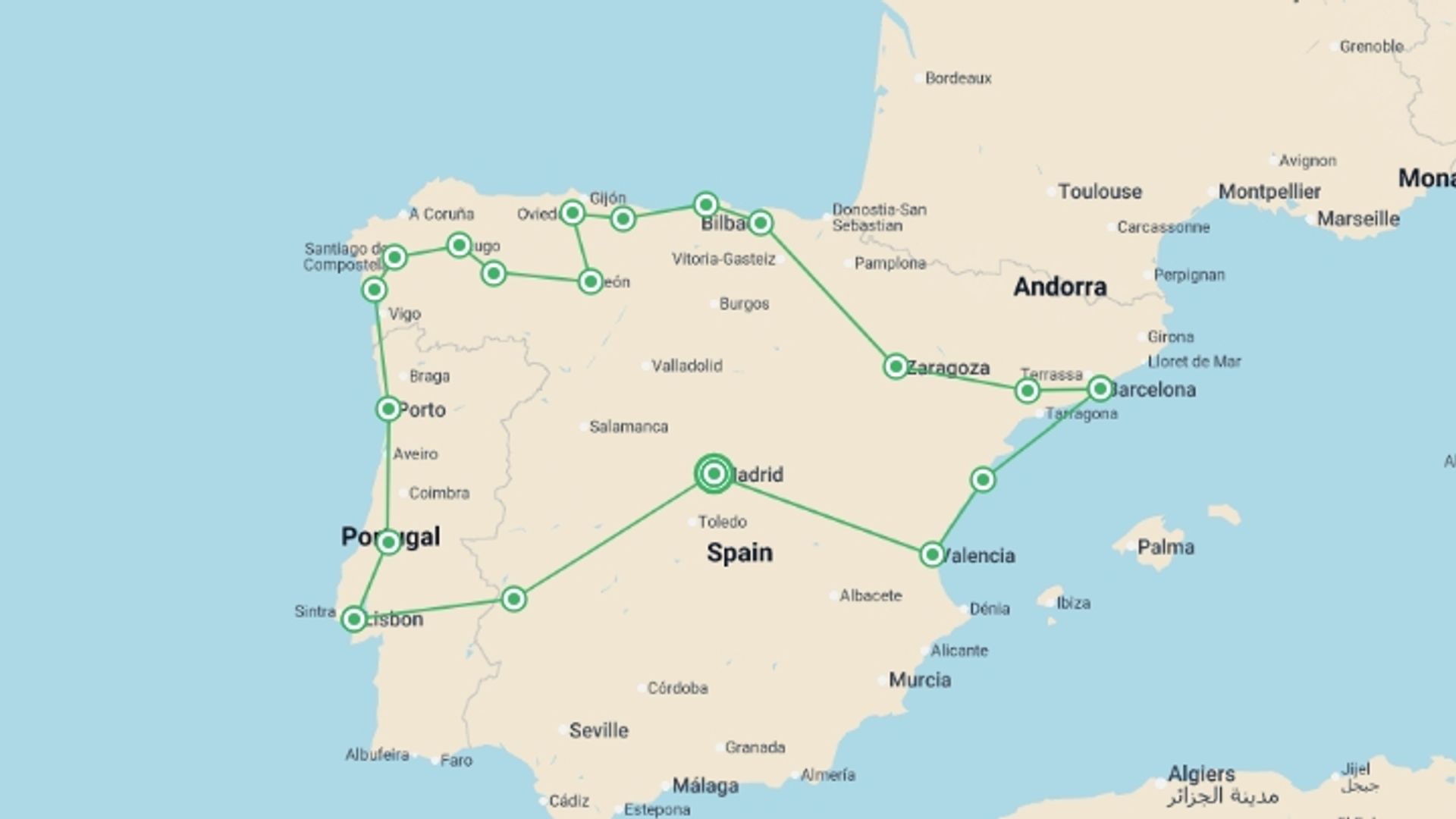 A map showing the tour itinerary for the trip: The Iberian Tour, starting in Madrid, Spain and ending in Madrid, Spain going through 7 other destinations.