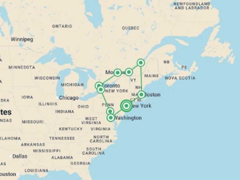 Map of USA Tour with 8 destination visits for the trip: Eastern Discovery