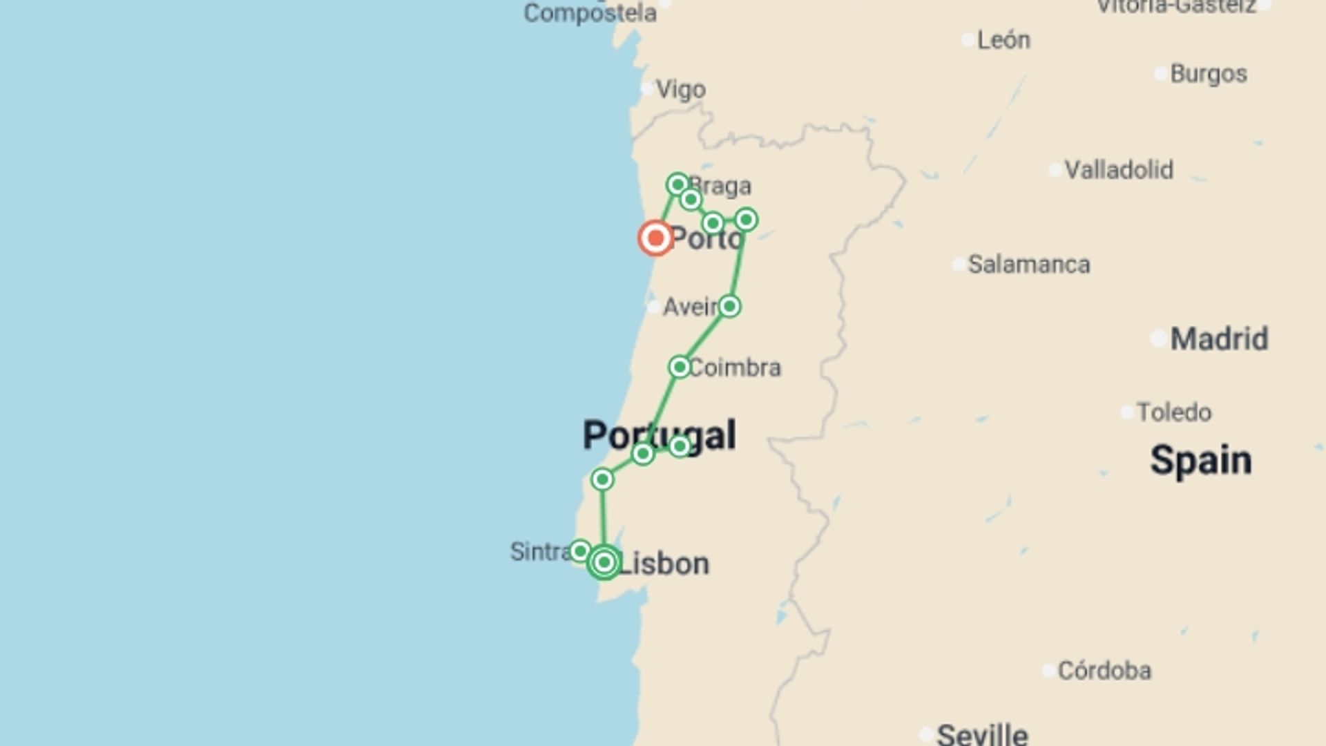 A map showing the tour itinerary for the trip: Discover Portugal, starting in Lisbon, Portugal and ending in Porto, Portugal going through 4 other destinations.
