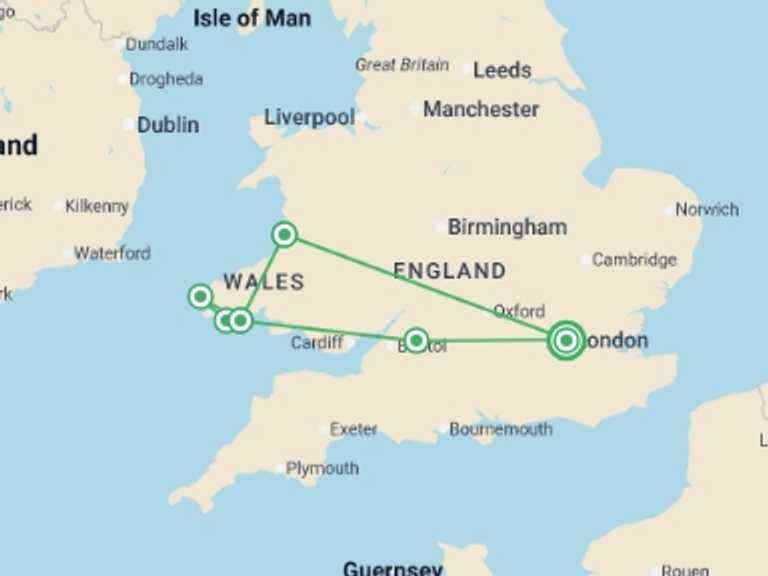 Map itinerary of London Tour in January 2027 with 3 destination visits for the trip: Welsh Wanderer - 5 days