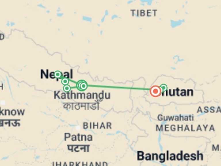 Map itinerary of Thimphu Tour in April 2026 with 8 destination visits for the trip: Nepal & Bhutan Journey