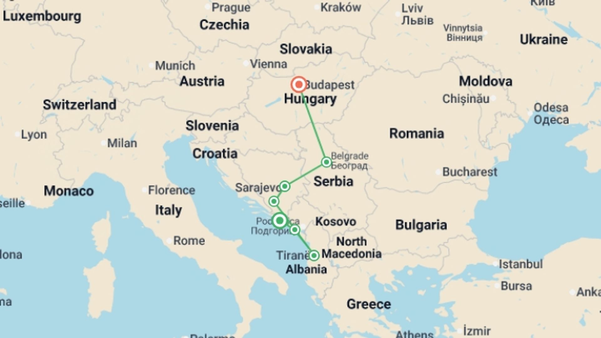 A map showing the tour itinerary for the trip: Balkans Discovery, starting in Dubrovnik, Croatia and ending in Budapest, Hungary going through 5 other destinations.