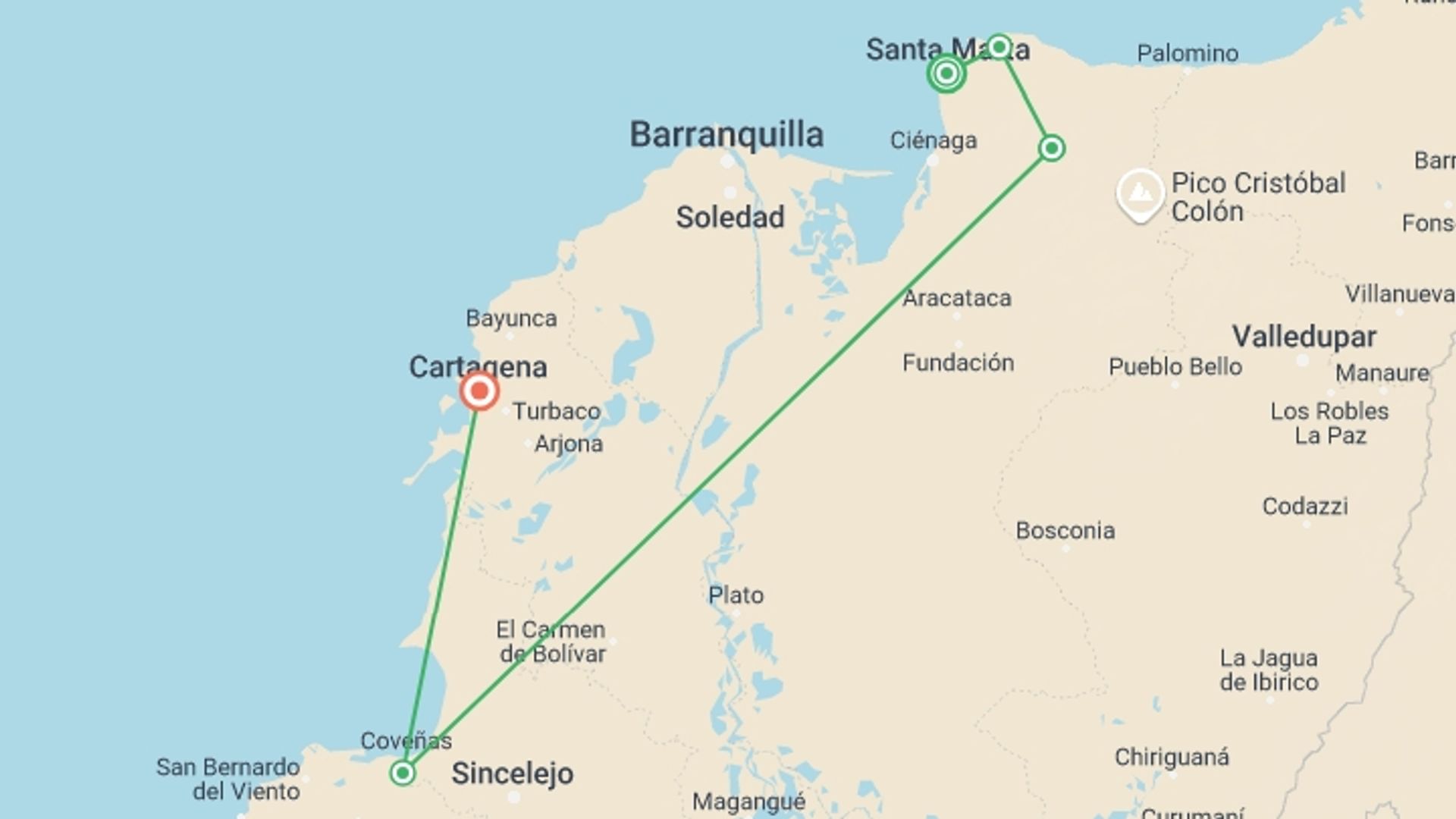 A map showing the tour itinerary for the trip: Lost City Trek and Cartagena 8 Days, starting in Santa Marta, Colombia and ending in Cartagena, Colombia going through 5 other destinations.