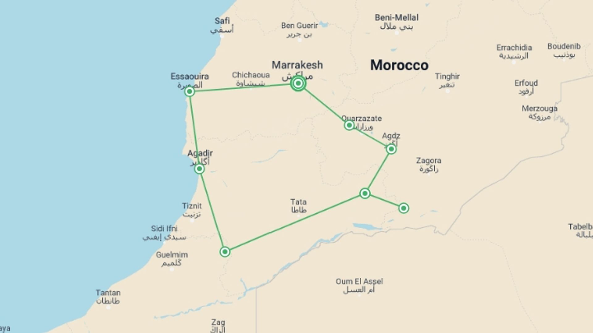 A map showing the tour itinerary for the trip: Moroccan Adventure, starting in Marrakesh, Morocco and ending in Marrakesh, Morocco going through 8 other destinations.
