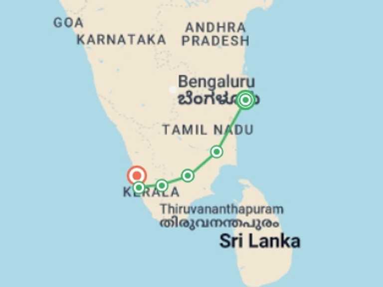 Map itinerary of India Tour in June 2026 with 7 destination visits for the trip: East to West Coast: Southern India