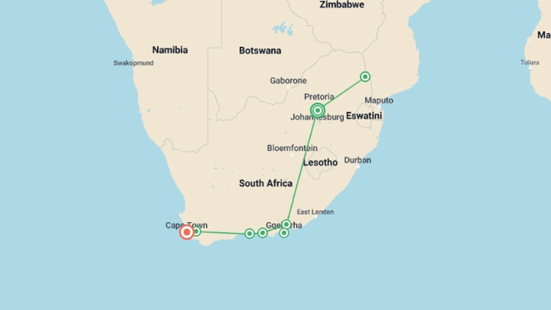 A map showing the tour itinerary for the trip: Kruger Safari & The Garden Route, starting in Johannesburg, South Africa and ending in Cape Town, South Africa going through 6 other destinations.