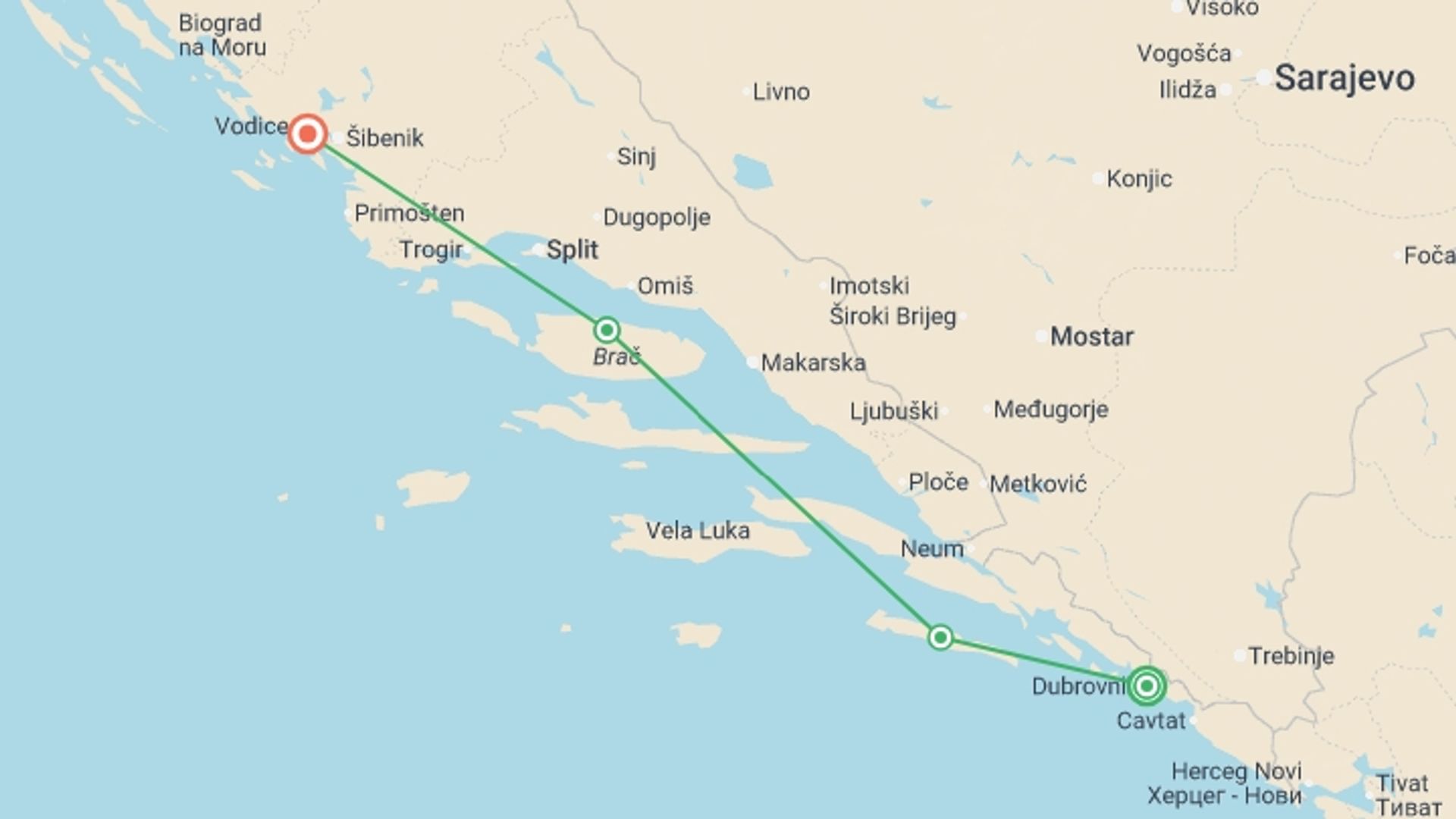 A map showing the tour itinerary for the trip: Active Croatia Discovery, starting in Dubrovnik, Croatia and ending in Sibenik, Croatia going through 2 other destinations.