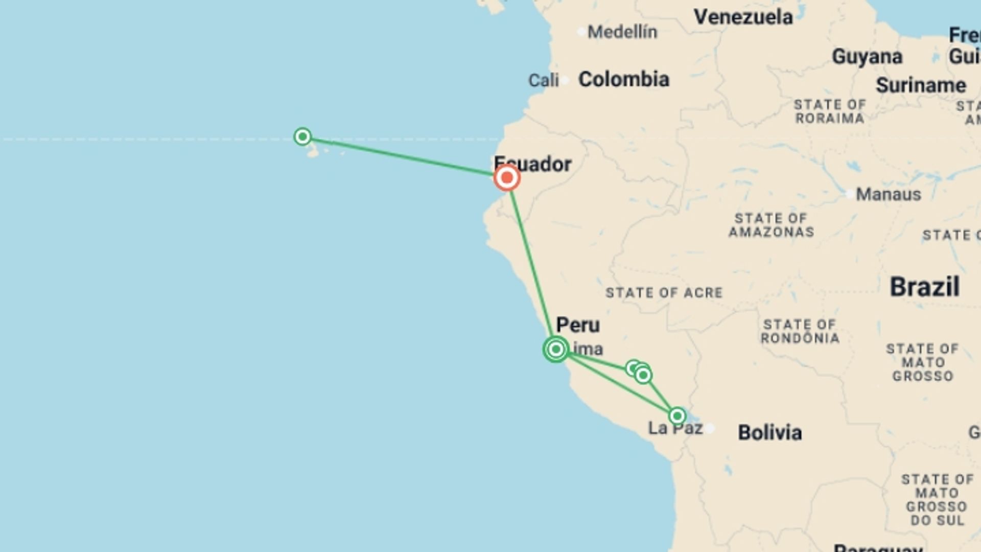 A map showing the tour itinerary for the trip: Peru & Galapagos Discovery - 15 Days, starting in Lima, Peru and ending in Guayaquil, Ecuador going through 5 other destinations.