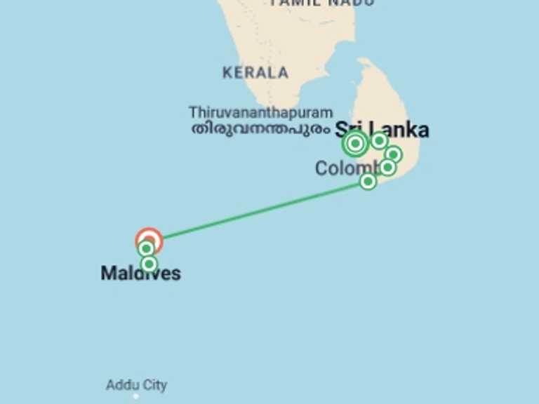Map of a Beach Tour with 8 destination visits for the trip: Sri Lanka & Maldives Adventure