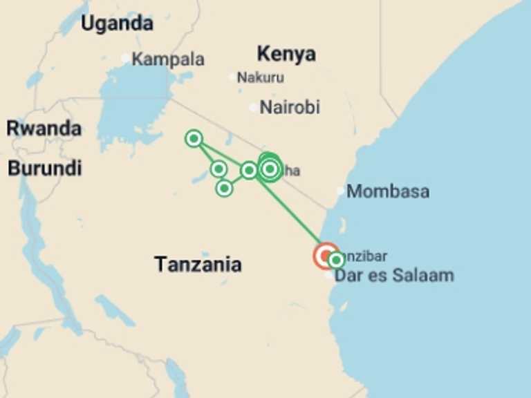 Map itinerary of Tanzania Tour in February 2027 with 12 destination visits for the trip: Tanzania: Kilimanjaro, the Serengeti & Zanzibar