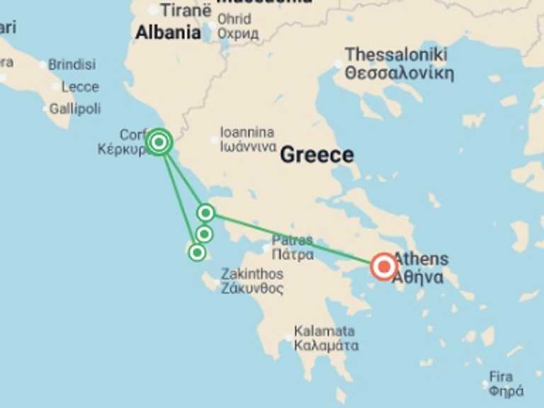 Map itinerary of Mediterranean Tour in June 2026 with 5 destination visits for the trip: Ionian Islands Bike & Boat