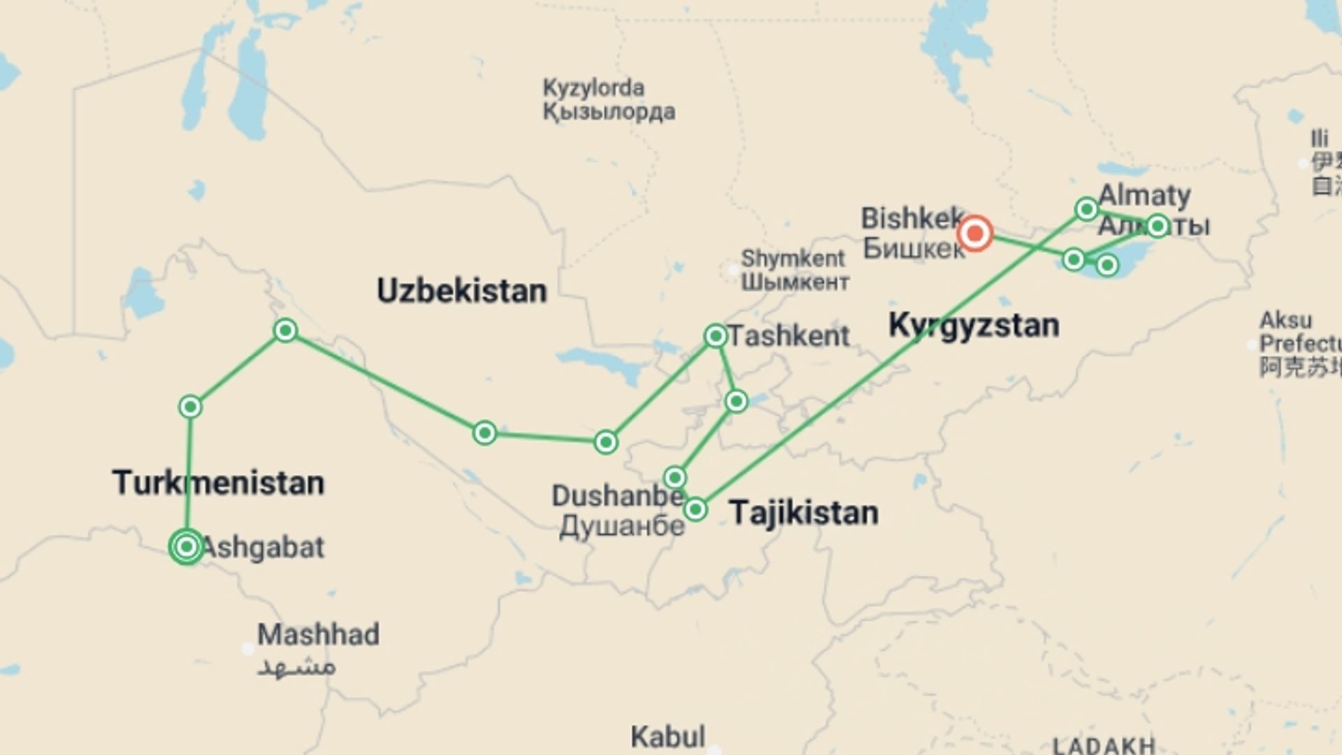 A map showing the tour itinerary for the trip: Central Asia: Five Stans Express, starting in Ashgabat, Turkmenistan and ending in Bishkek, Kyrgyzstan going through 12 other destinations.
