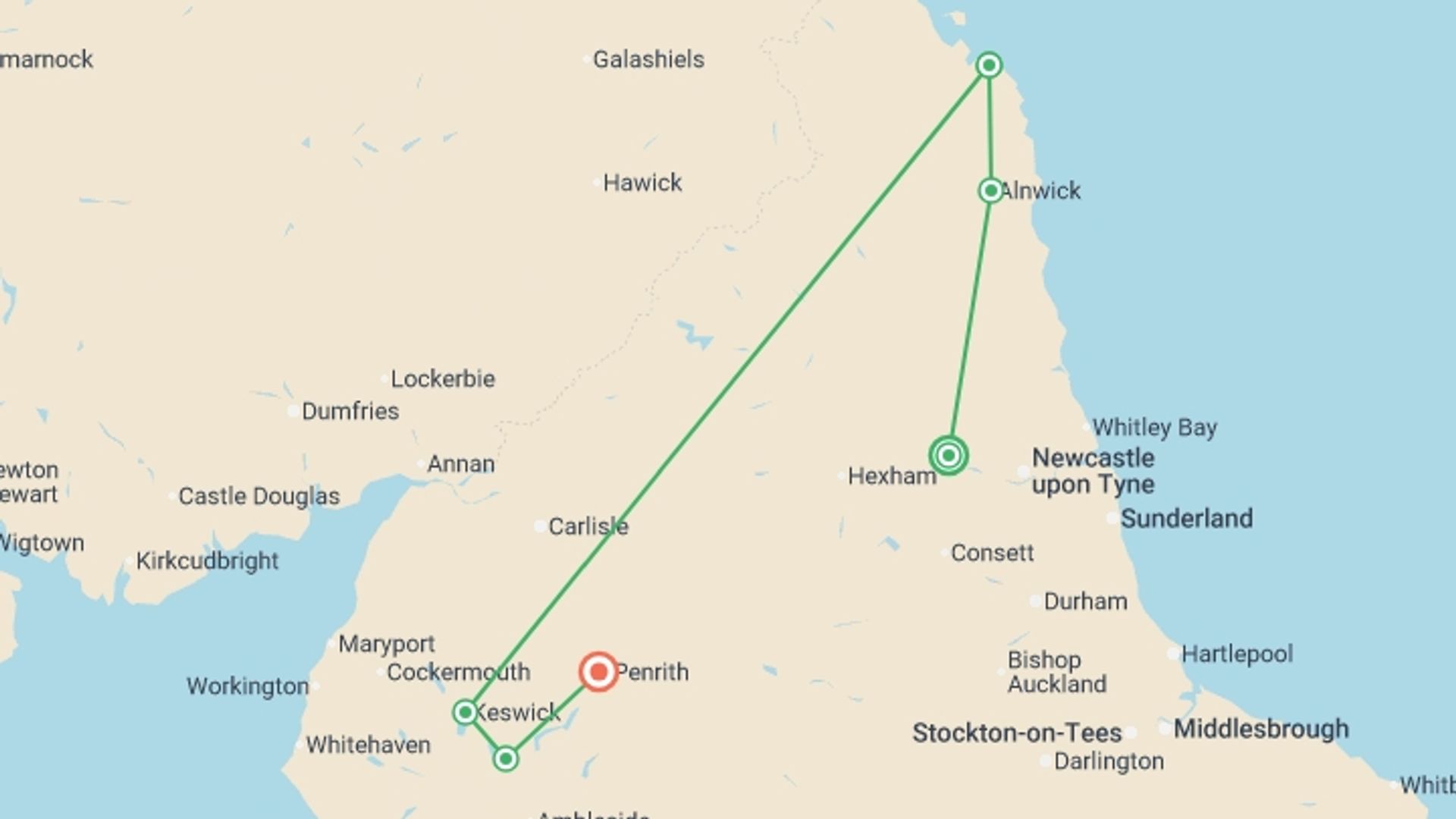 A map showing the tour itinerary for the trip: Hike Hadrian's Wall and the Lake District, starting in Newcastle, England and ending in Eden Valley, England going through 5 other destinations.
