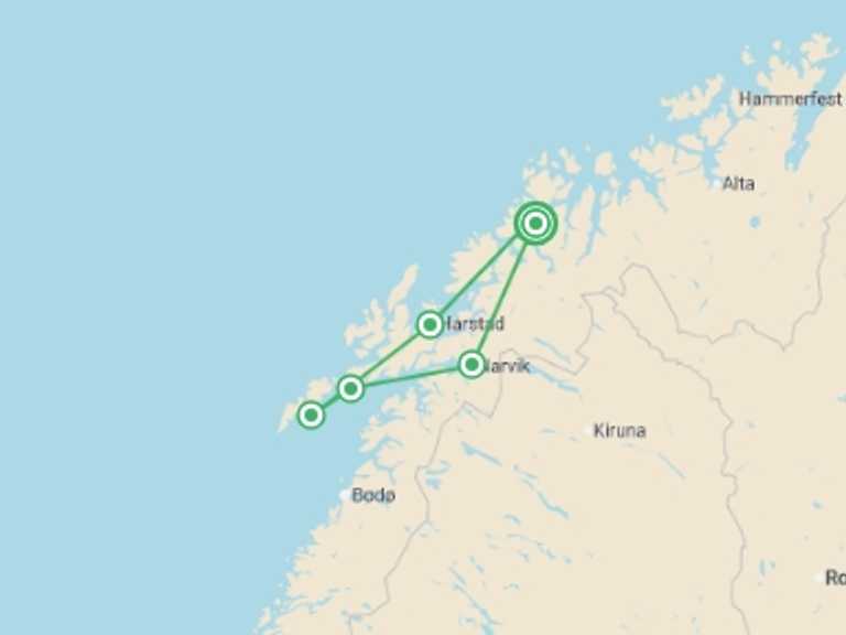 Map of Europe Tour with 5 destination visits for the trip: Tromso Arctic Experience -  6 days