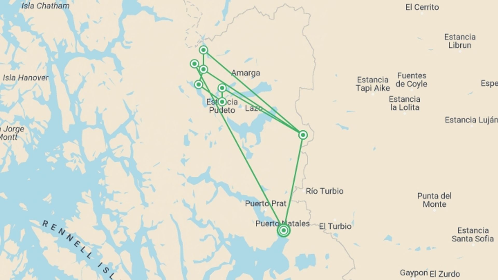 A map showing the tour itinerary for the trip: Torres del Paine Circuit, starting in Puerto Natales, Chile and ending in Puerto Natales, Chile going through 10 other destinations.