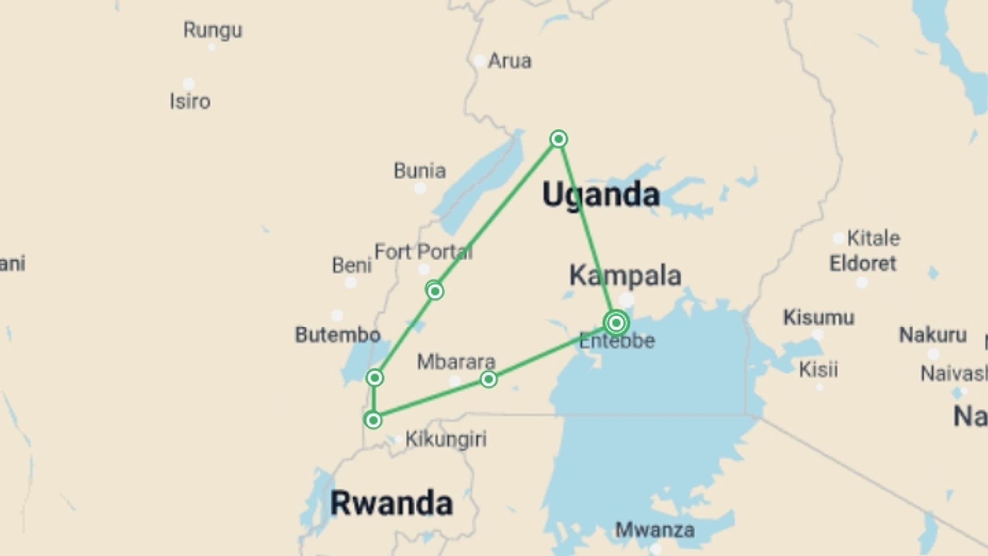 A map showing the tour itinerary for the trip: Uganda Highlights: Eleven Day Safari, starting in Entebbe, Uganda and ending in Entebbe, Uganda going through 8 other destinations.