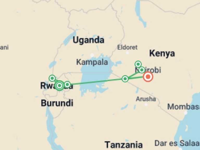 Map of Nairobi Wildlife Tour with 7 destination visits for the trip: Journeys: Legendary Wildlife of Rwanda & Kenya