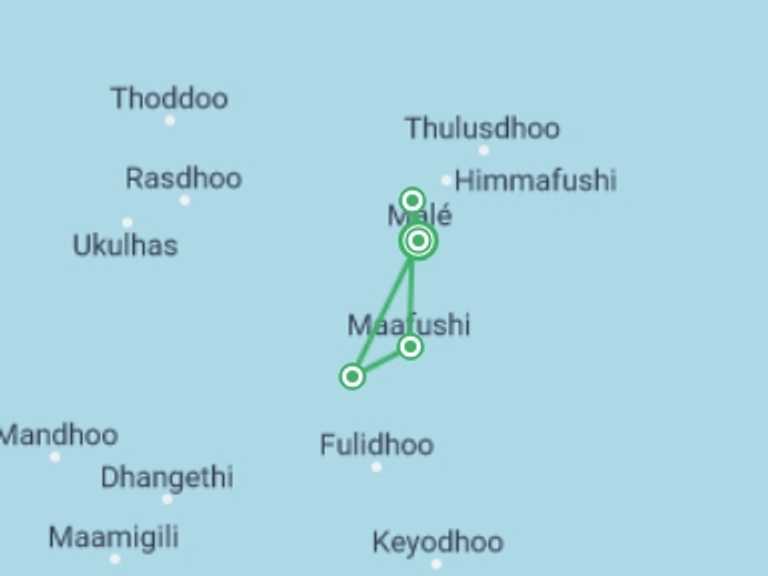 Map of Male Beach Tour with 4 destination visits for the trip: Exploring Maldives: Fihalhohi, Maafushi And Kuda Bandos Islands