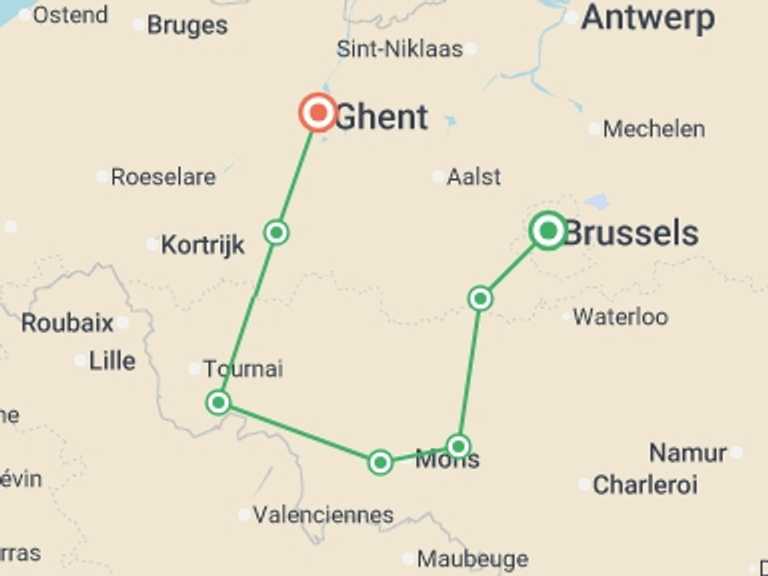Map itinerary of Brussels Tour in July 2026 with 7 destination visits for the trip: Indulge in Art, Heritage, and Flavors on a Cruise along Belgian Canals (port-to-port cruise)