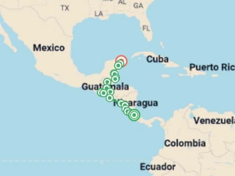 Map itinerary of Panajachel Tour in November 2026 with 20 destination visits for the trip: San Jose to Cancun Travel Pass