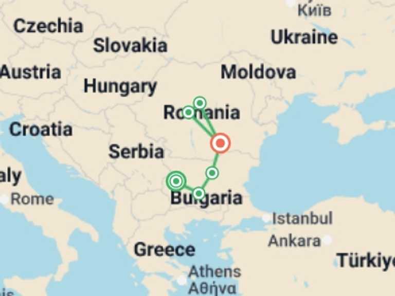 Map of Europe Tour with 6 destination visits for the trip: The Bulgarian Triangle and Romania’s Hidden Gems