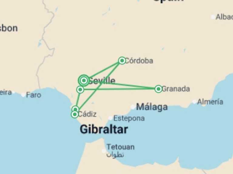Map of France and Spain Tour with 7 destination visits for the trip: Andalusia Special ¿Feria¿: The Splendors of Andalusia Along the Guadalquivir (port-to-port cruise)