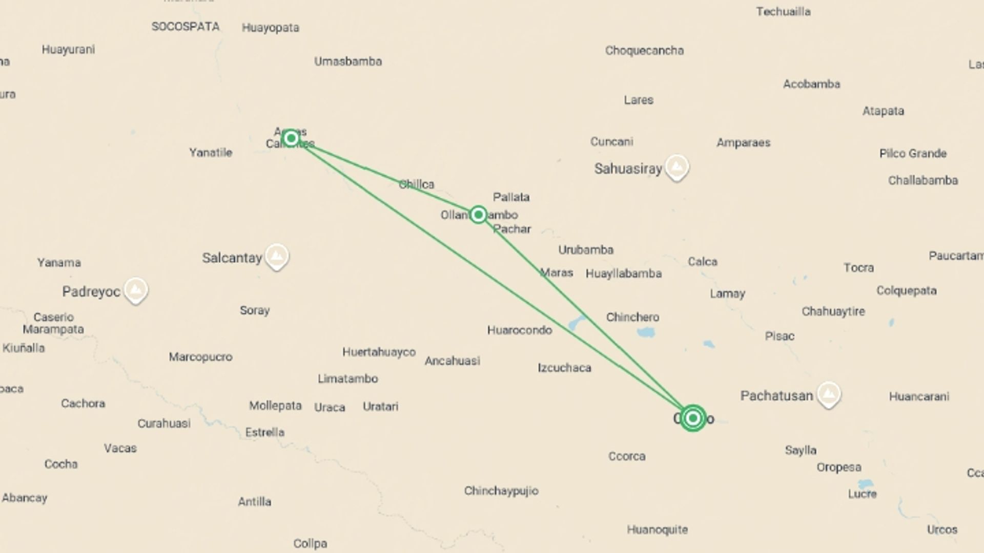 A map showing the tour itinerary for the trip: Peru's Sacred Valley & Machu Picchu by Train, starting in Cusco, Peru and ending in Cusco, Peru going through 2 other destinations.