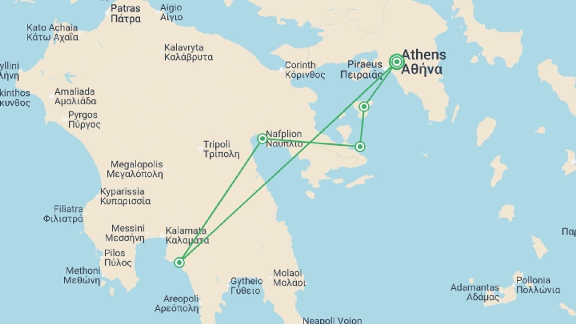 A map showing the tour itinerary for the trip: Greece Real Food Adventure, starting in Athens, Greece and ending in Athens, Greece going through 4 other destinations.
