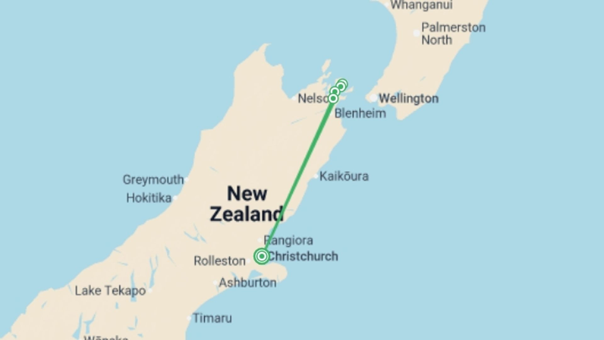 A map showing the tour itinerary for the trip: Walk New Zealand's Queen Charlotte Track, starting in Picton, New Zealand and ending in Picton, New Zealand going through 3 other destinations.
