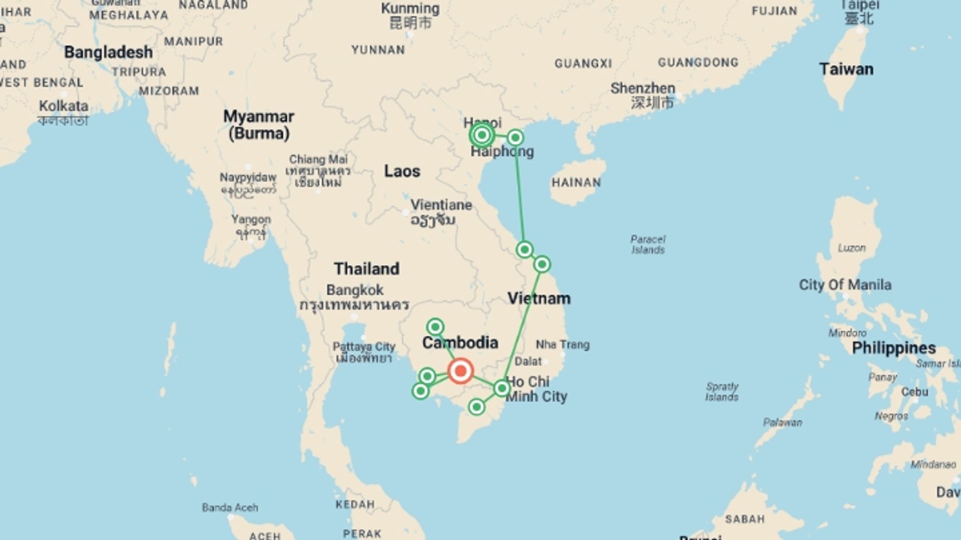 A map showing the tour itinerary for the trip: Solo-ish Vietnam & Cambodia, starting in Hanoi, Vietnam and ending in Phnom Penh, Cambodia going through 9 other destinations.