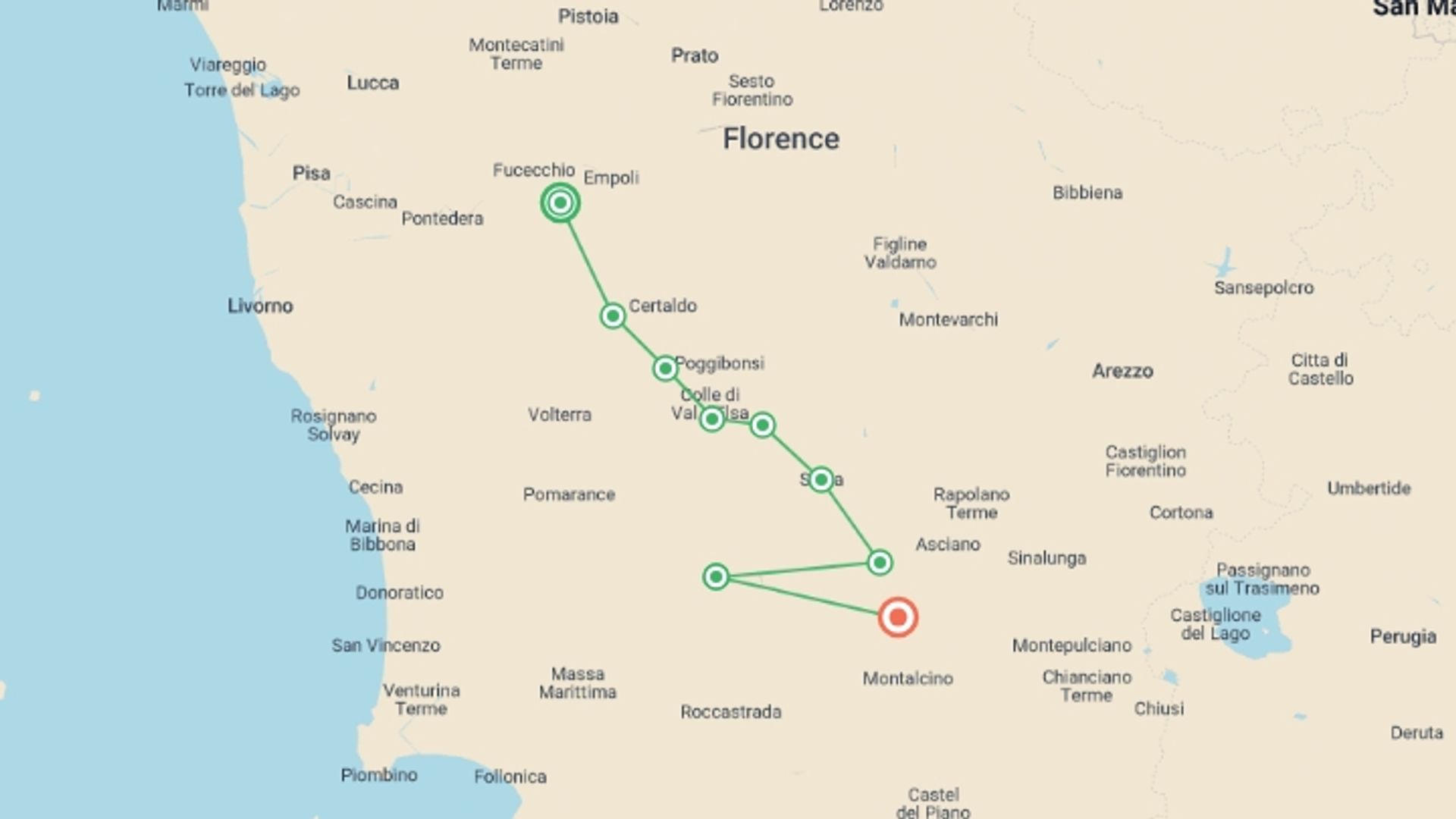 A map showing the tour itinerary for the trip: Via Francigena: Best of Tuscany, starting in San Miniato Alto, Italy and ending in Buonconvento, Italy going through 7 other destinations.
