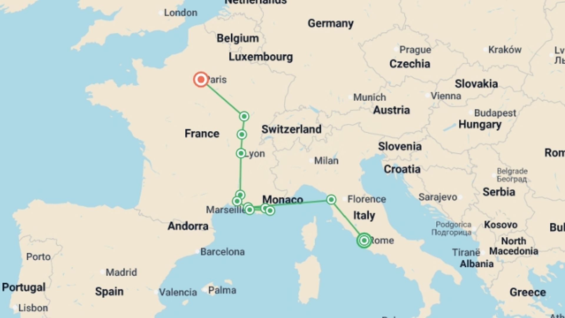 A map showing the tour itinerary for the trip: From Italy to France end Paris, starting in Rome, Italy and ending in Paris, France going through 4 other destinations.