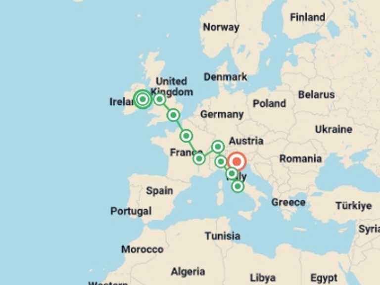 Map of 19-Day London Tour with 10 destination visits for the trip: Crossing Europe
