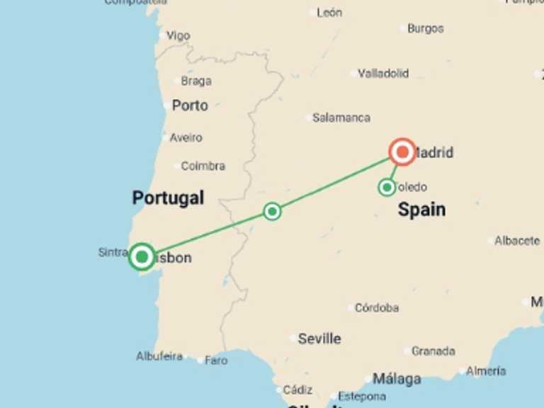 Map itinerary of Mediterranean Tour in October 2026 with 2 destination visits for the trip: Lisbon to Madrid Express - 5 days