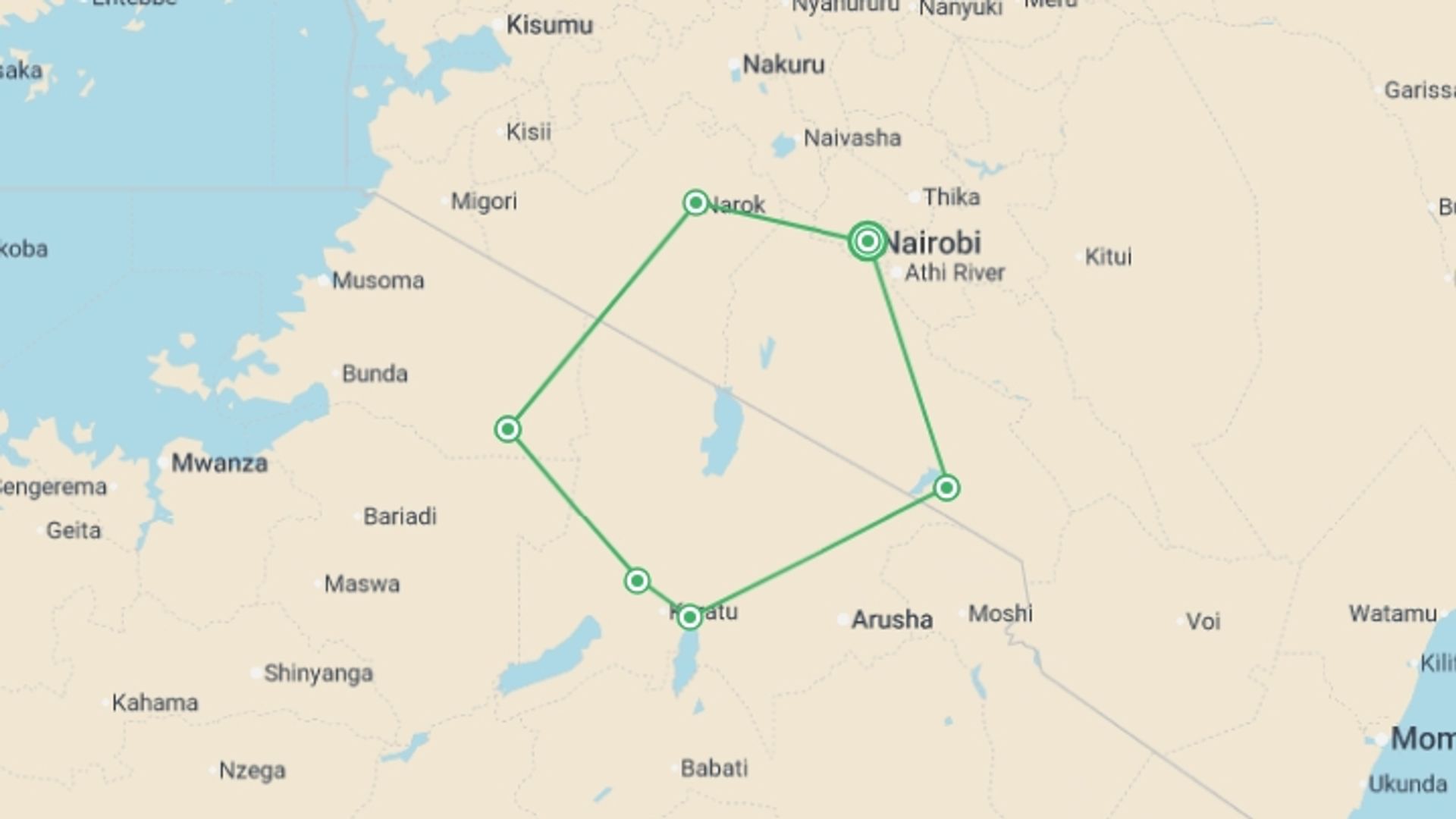 A map showing the tour itinerary for the trip: The Best of East Africa - 12 days, starting in Nairobi, Kenya and ending in Nairobi, Kenya going through 5 other destinations.