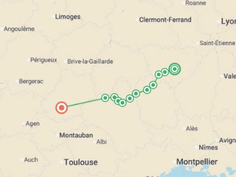 Map itinerary of France Tour in May 2026 with 13 destination visits for the trip: Le Puy Camino - Le Puy to Conques