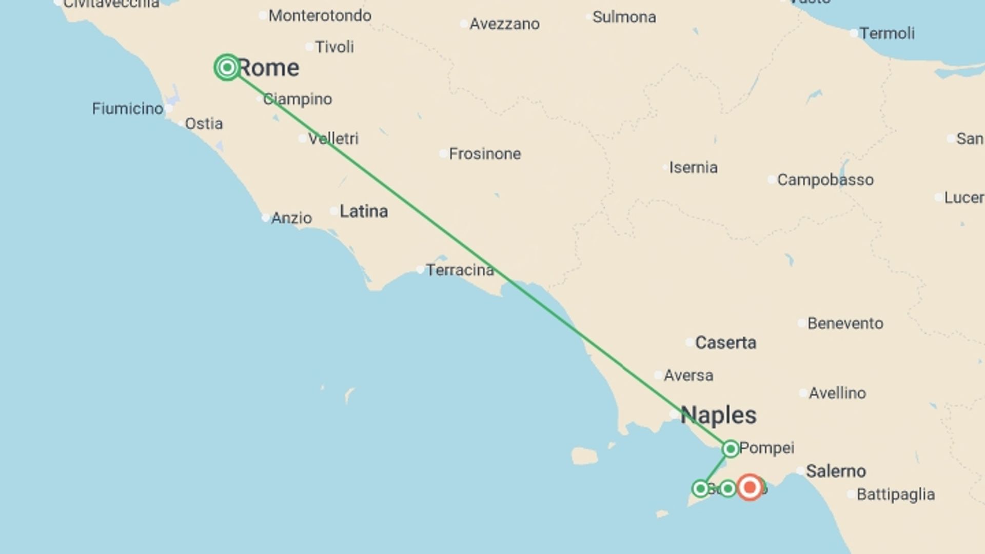 A map showing the tour itinerary for the trip: Rome to Amalfi, starting in Rome, Italy and ending in Amalfi Coast & Campania, Italy going through 3 other destinations.